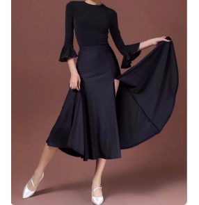 Women girls black side slit latin ballroom dance skirts salsa rumba chacha tango performance long skirts